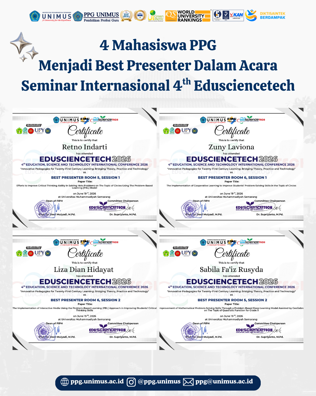Empat Mahasiswa PPG UNIMUS Raih Predikat Best Presenter pada EDUSCIENCETECH 2026